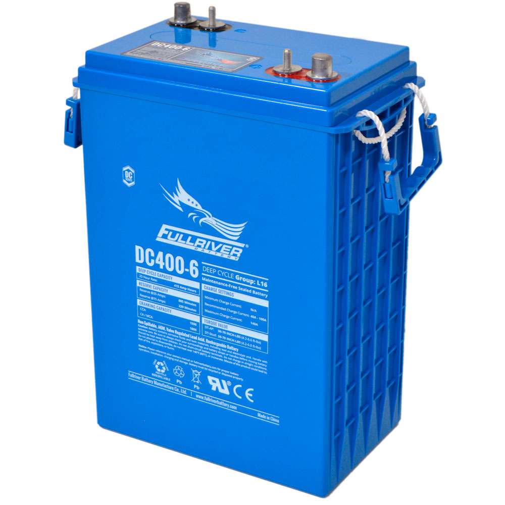 Fullriver Battery 6V 415Ah Deep-Cycle L16 AGM Battery-DC400-6 is shown standing upright in bright blue with rope handles and metal terminals on top
