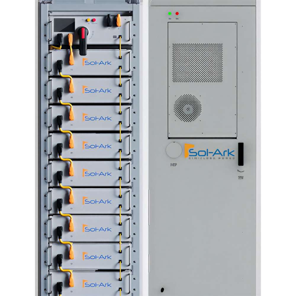 Fully assembled vertical battery rack showing multiple Sol-Ark-branded modules is part of the Sol-Ark 60 kWh Outdoor Lithium Battery System - L3-HVR-60KWH