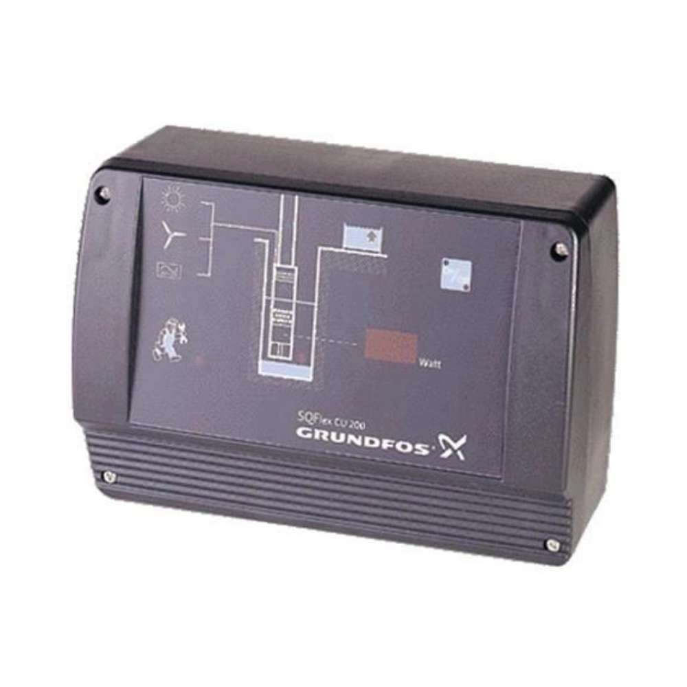 Grundfos GF96481502-V02 Switch Box appears as a compact rectangular control unit with a dark front panel and indicator markings