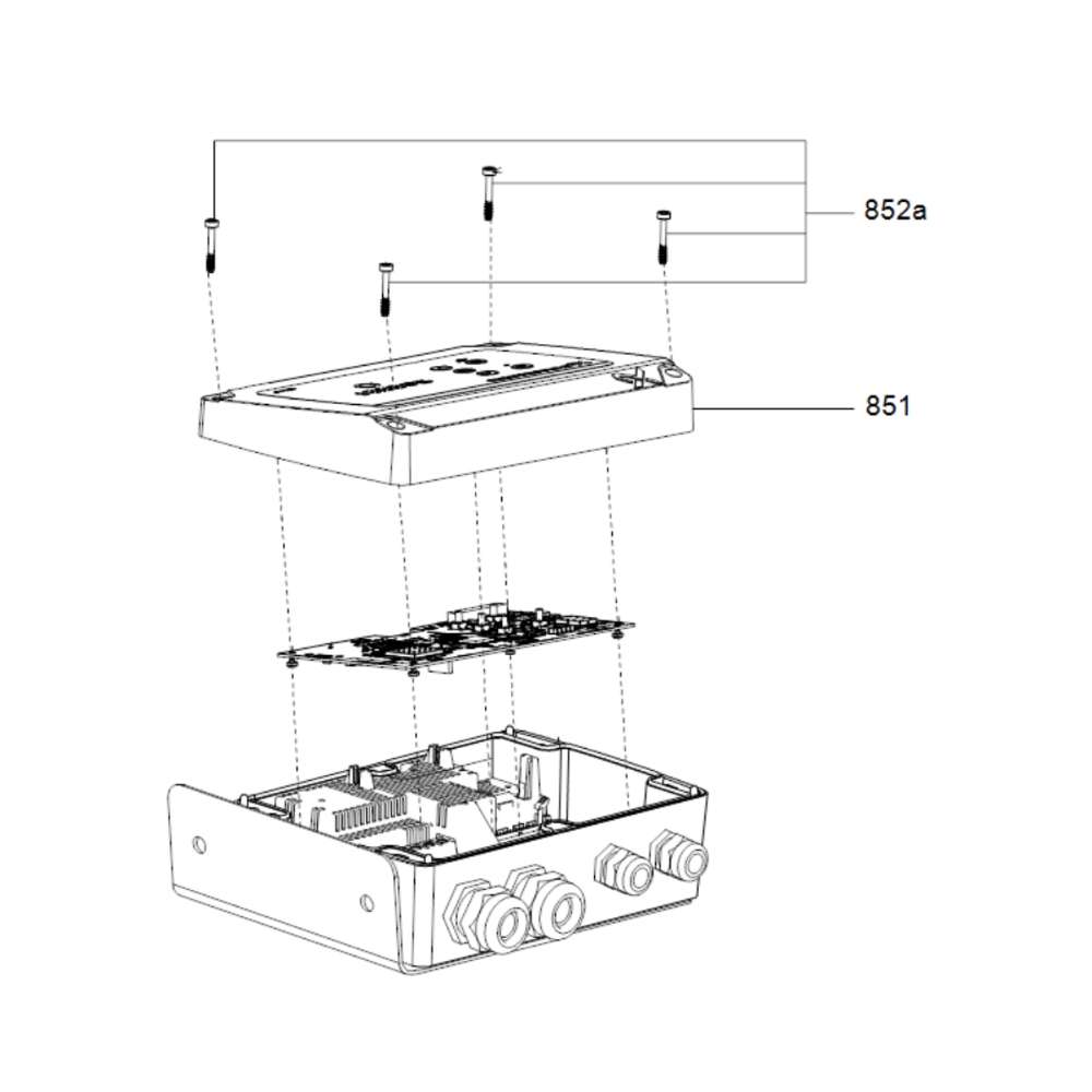 Illustration presents the separated casing, circuit board, and screws of the Grundfos CU202 SQFlex Pump Controller w/ Level Switch to show how the unit assembles