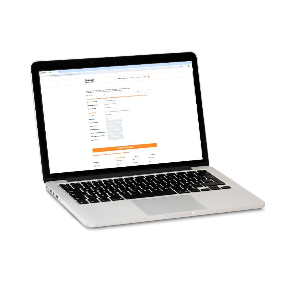 Laptop screen displays a configuration page related to the Discover Energy AES Rackmount ESS 30kWh Slimline Enclosure-950-0053