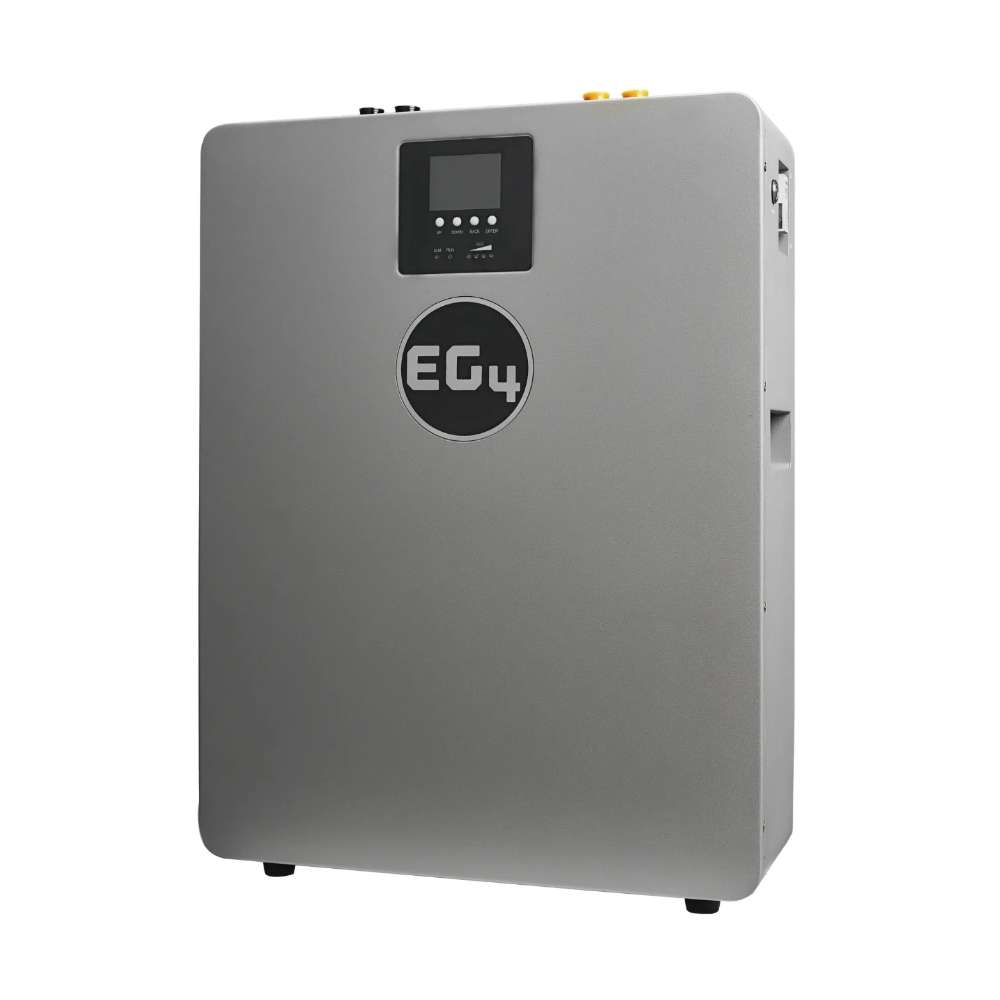 Left-angled view of EG4 WallMount Indoor All Weather Lithium Battery 48V 100AH - EG4LIFPOW4WM-48V100A highlighting its sleek metallic finish and compact design
