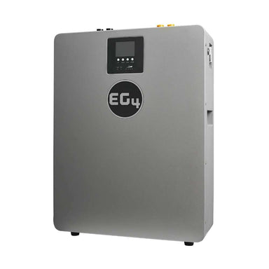 Left-angled view of EG4 WallMount Indoor All Weather Lithium Battery 48V 100AH - EG4LIFPOW4WM-48V100A highlighting its sleek metallic finish and compact design