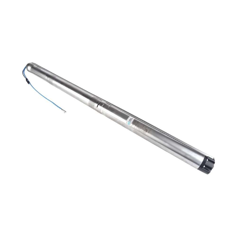 Long stainless-steel submersible pump lying horizontally with a blue wire is the Grundfos 10 SQ07-200 SQ Series Solar Submersible Pump | 10 GPM | 3/4 HP | 200 Ft | 240 VAC