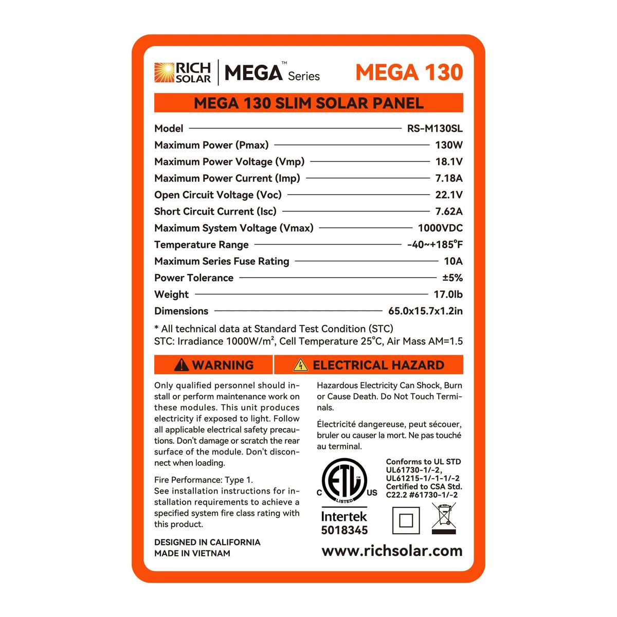 MEGA 130 SLIM | 130 Watt Slim Solar Panel | Compact 12V Narrow Panel for Vans, Campers, Boats | UL Certified-9