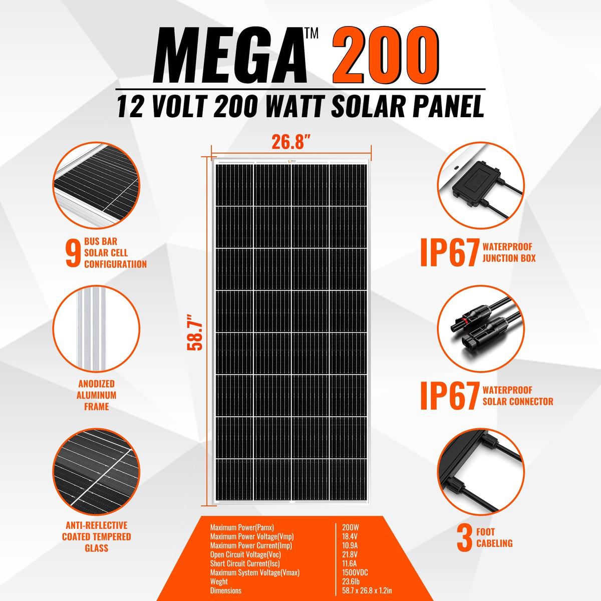 MEGA 200 | 200 Watt Solar Panel | Premier 12V Off-Grid Solar Panel for RVs Cabins, Boats | 25-Year Output Warranty | UL Certified-7