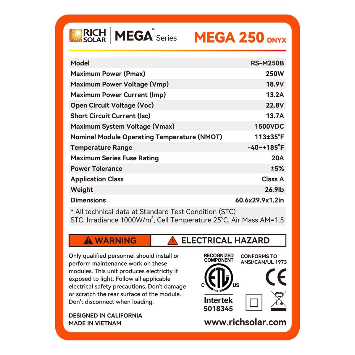 MEGA 250 | 250 Watt Solar Panel | Premier 12V Off-Grid Solar Panel for RVs, Vans, Boats | 25-Year Output Warranty | UL Certified-12