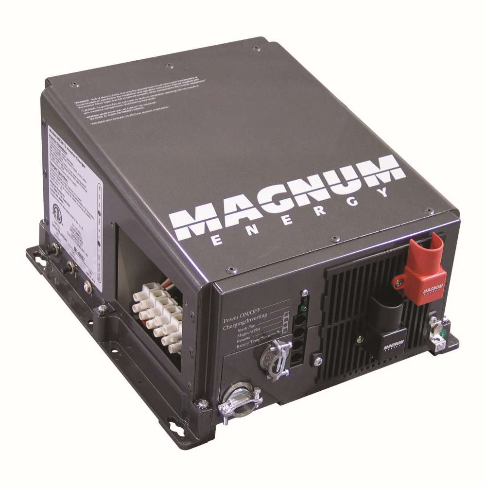 Magnum Energy ME Series ME2512-U 2500W 12VDC Modified Sine Inverter Charger shown as a compact black power unit with vents and wiring terminals