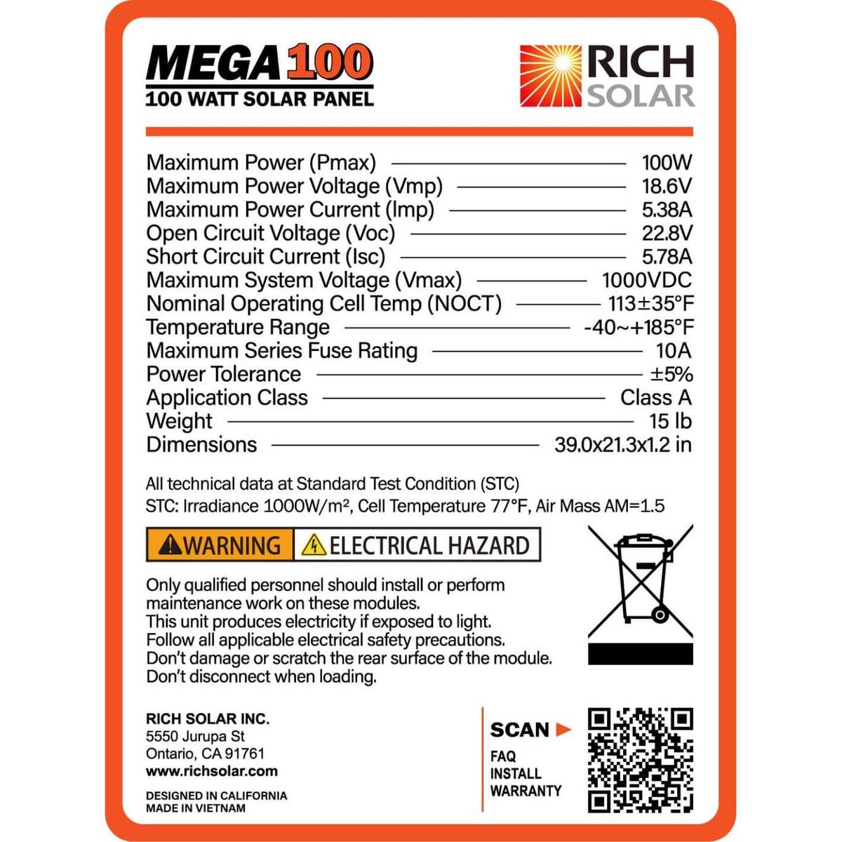 MEGA 100 | 100 Watt Solar Panel | Premier 12V Off-Grid Solar Panel for Vans, Campers, Boats | 25-Year Output Warranty | UL Certified-4