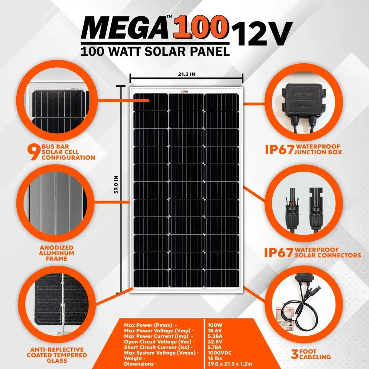 MEGA 100 | 100 Watt Solar Panel | Premier 12V Off-Grid Solar Panel for Vans, Campers, Boats | 25-Year Output Warranty | UL Certified-9