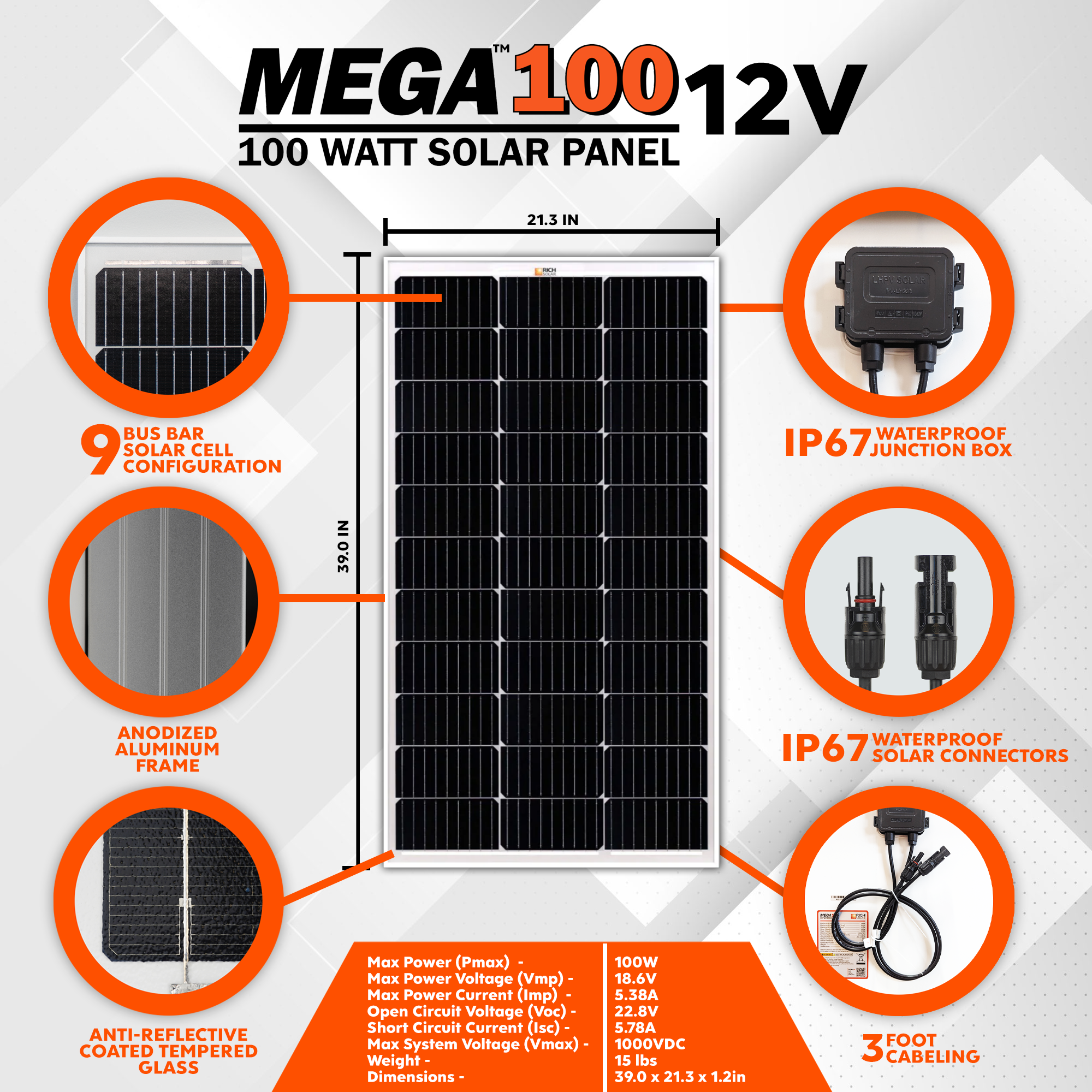 MEGA 100 | 100 Watt Solar Panel | Premier 12V Off-Grid Solar Panel for Vans, Campers, Boats | 25-Year Output Warranty | UL Certified