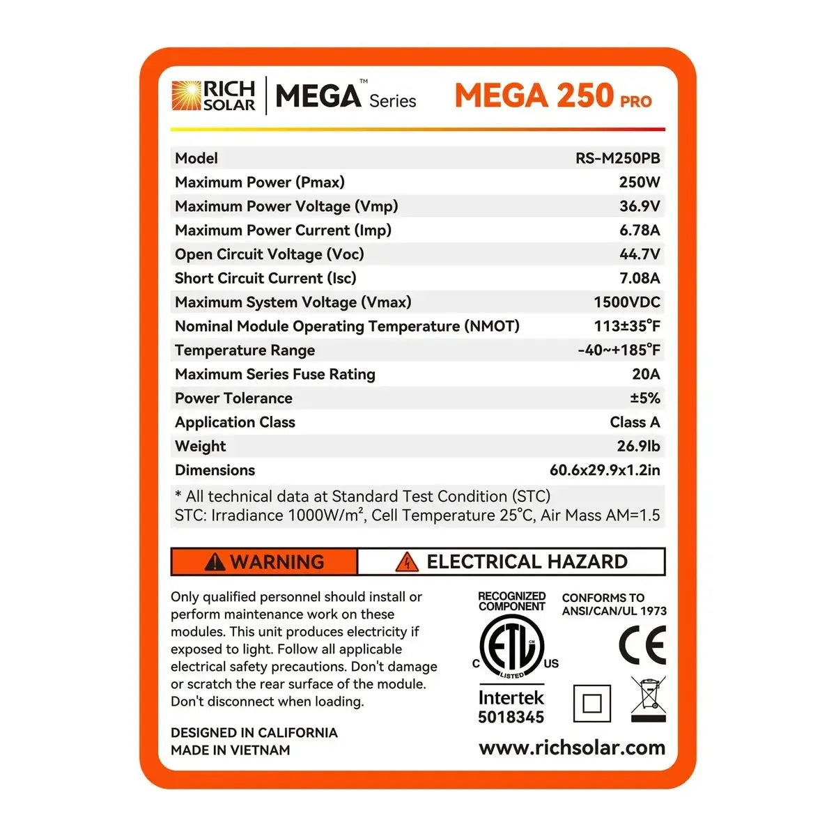 MEGA 250 PRO | 250 Watt 24 Volt Solar Panel | Premium 24V Off-Grid Solar Panel for Campers, Tiny Homes, Cabins | 25-Year Output Warranty | UL Certified-4