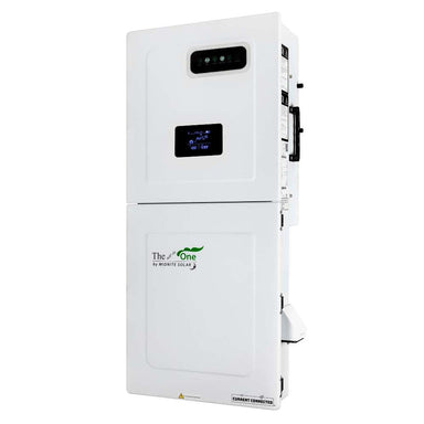 MidNite Power MN15-12KW-AIO AC Output Hybrid All-in-One Inverter appears from an angled front-right view, highlighting the display and stacked enclosure design
