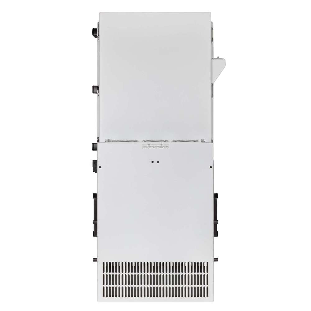MidNite Power MN15-12KW-AIO AC Output Hybrid All-in-One Inverter back view shows a tall white unit with ventilation slots and mounting hardware
