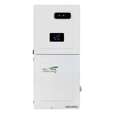 MidNite Power MN15-12KW-AIO AC Output Hybrid All-in-One Inverter front view shows a tall white unit with a digital screen and branding
