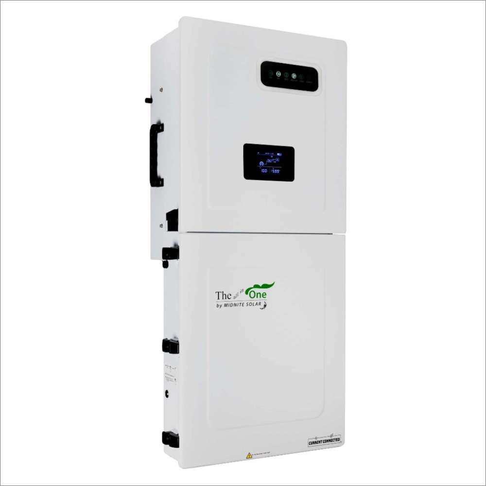 MidNite Power MN15-12KW-AIO AC Output Hybrid All-in-One Inverter is shown from an angled front-left view with a digital screen and clean white casing