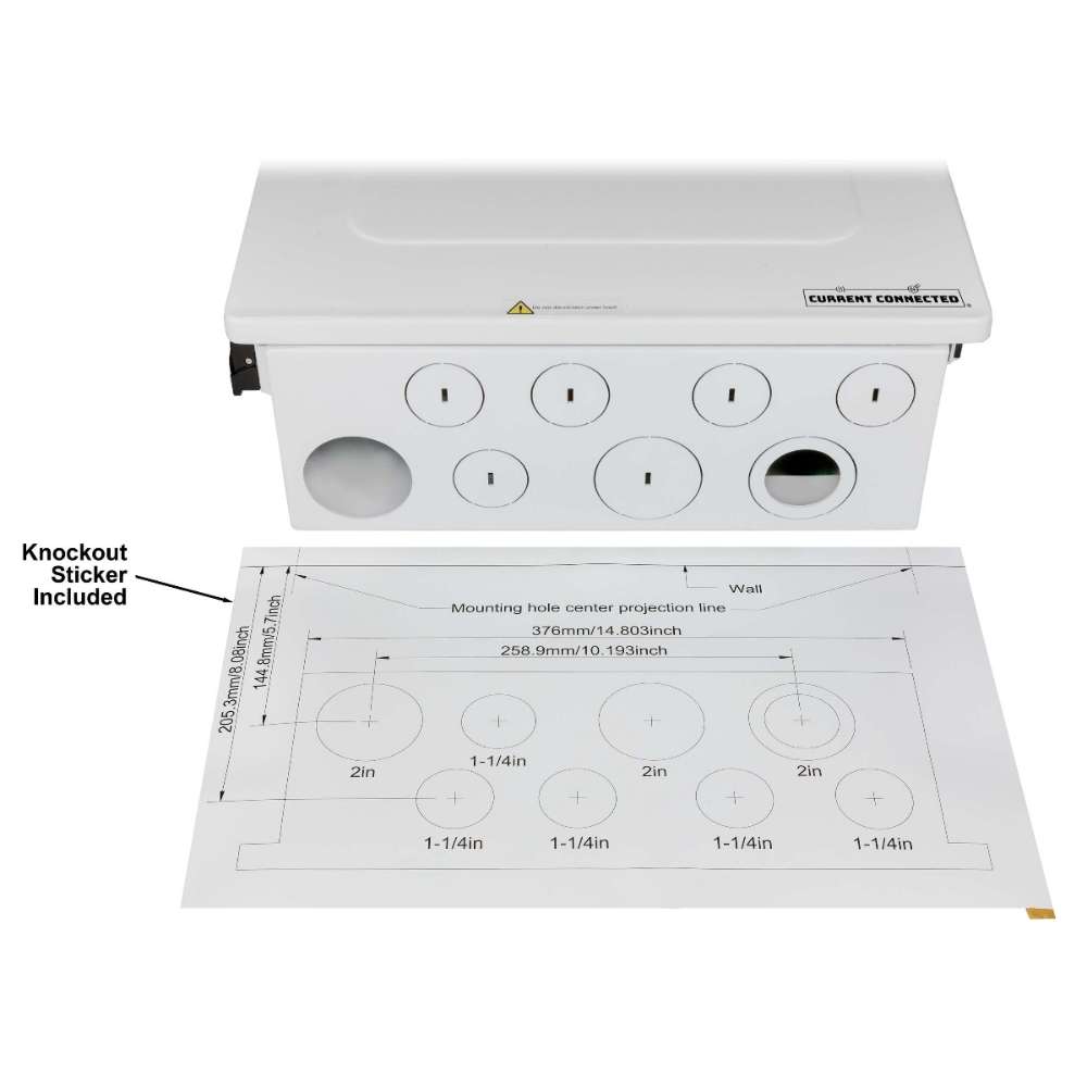 MidNite Power MN15-12KW-AIO AC Output Hybrid All-in-One Inverter junction box is a white metal box with round wiring knockouts and a drilling template shown underneath