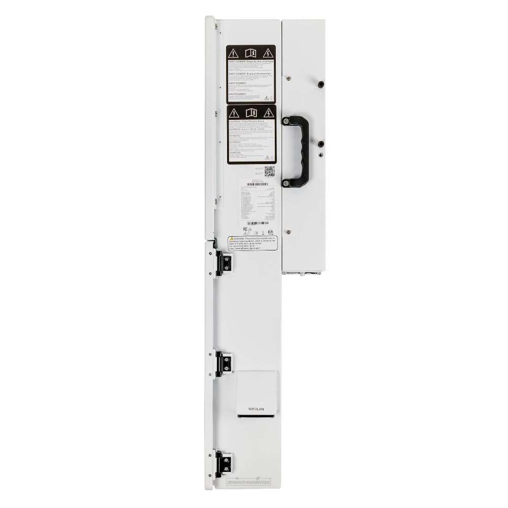 MidNite Power MN15-12KW-AIO AC Output Hybrid All-in-One Inverter right-side view shows warning labels, hinges, and a narrow vertical form