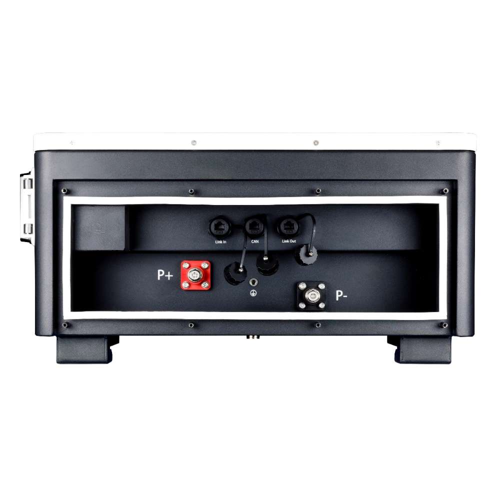 MidNite Power MNPOWERFLO16 Wall/Floor Mount Lithium Battery bottom view shows labeled power terminals and communication ports inside a recessed connection area