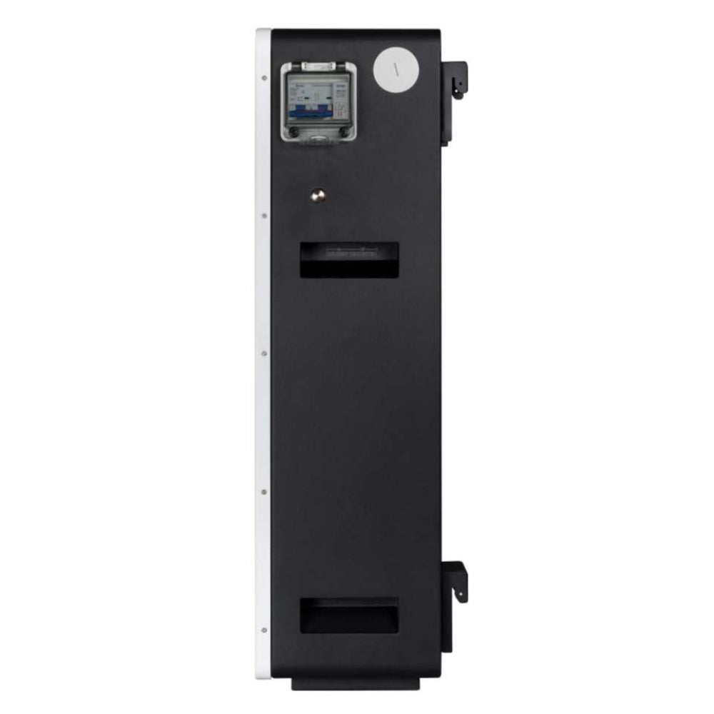 MidNite Power MNPOWERFLO16 Wall/Floor Mount Lithium Battery shown from the right side with a narrow black panel, built-in meter window, and recessed handholds