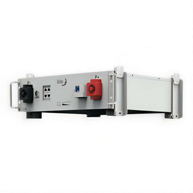 MidNite Power MNPOWERFLO5 U3 Server Rack Mount LFP Battery is shown mounted horizontally in a server rack with front-facing terminals, handles, and control ports