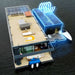 Modern floating houseboat covered in solar panels and glowing blue lighting, symbolizing clean power supported by the Victron Energy 12.8V 160Ah Smart LiFePO4 Lithium Battery-BAT512116610