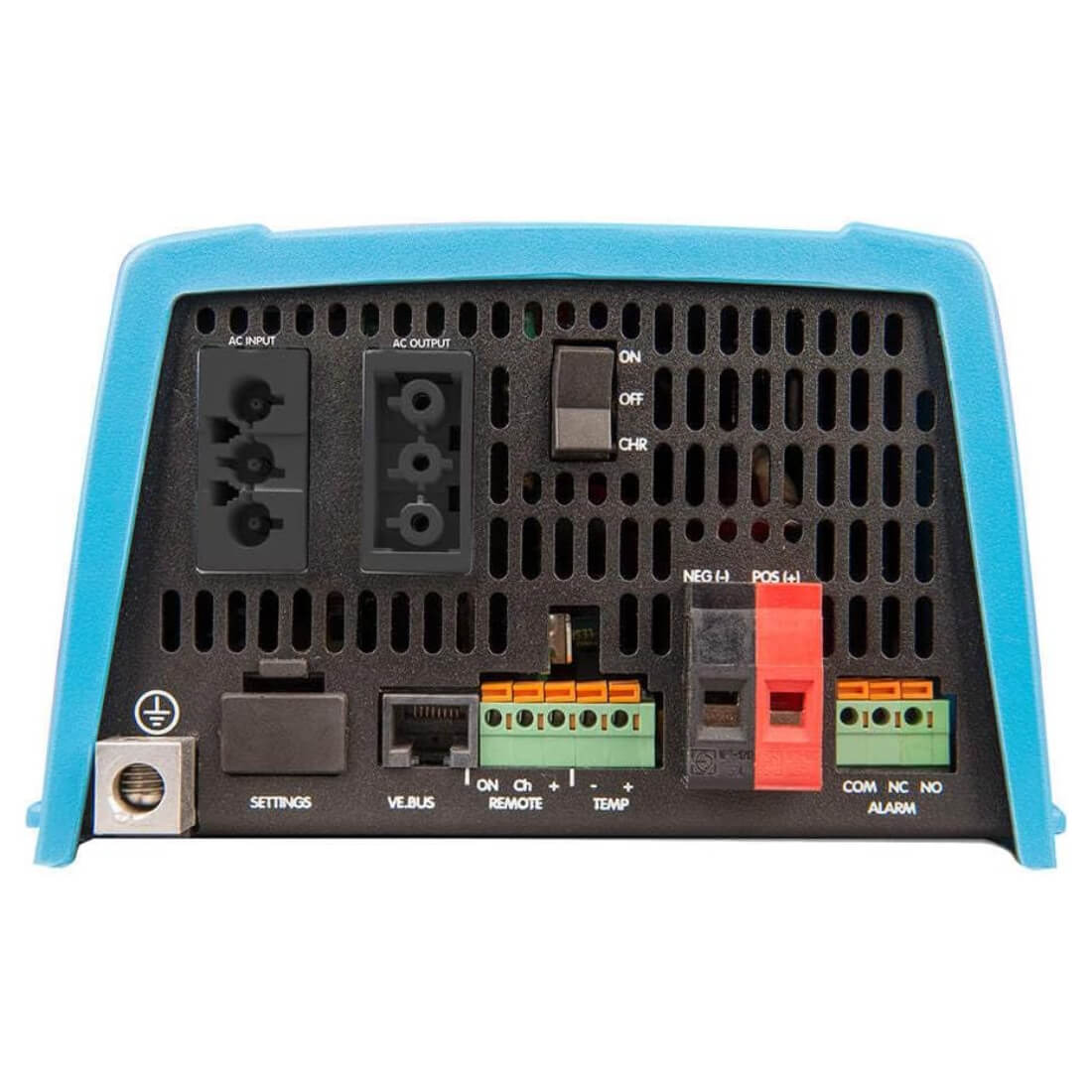 Victron MultiPlus 12/500/20-16 120V VE.Bus inverter charger – rear view showing connections and ports