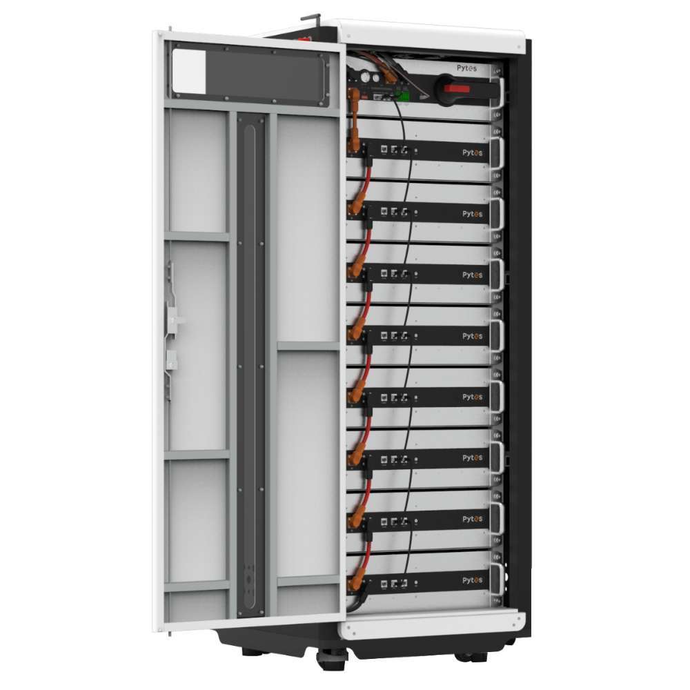 Open cabinet reveals multiple stacked battery modules inside, labeled Pytes HV48100 Series Rack Type Battery Lithium Battery-151201100052