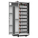 Open cabinet reveals multiple stacked battery modules inside, labeled Pytes HV48100 Series Rack Type Battery Lithium Battery-151201100052