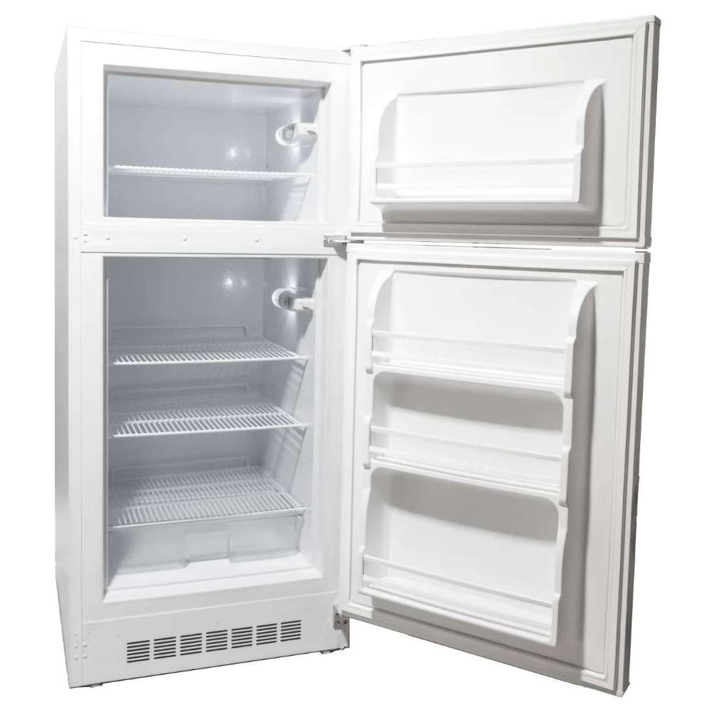 Open-door angle of SunStar ST-16RF-W 16 cu.ft. DC/AC Refrigerator - White showing the top freezer compartment above the main refrigerator section