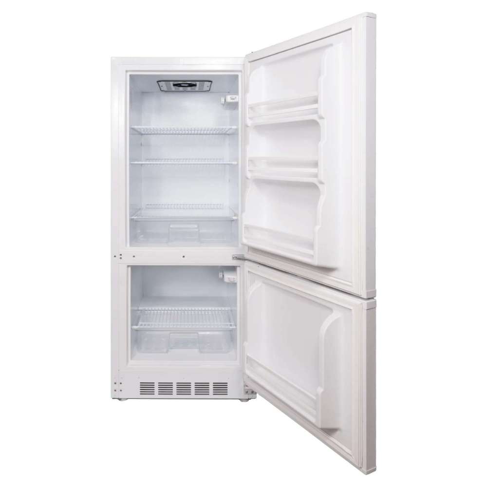 Open-door view of SunStar ST-10RF-W 10 cu.ft. DC/AC Refrigerator - White, revealing wire shelves, door bins, and separate freezer and refrigerator compartments