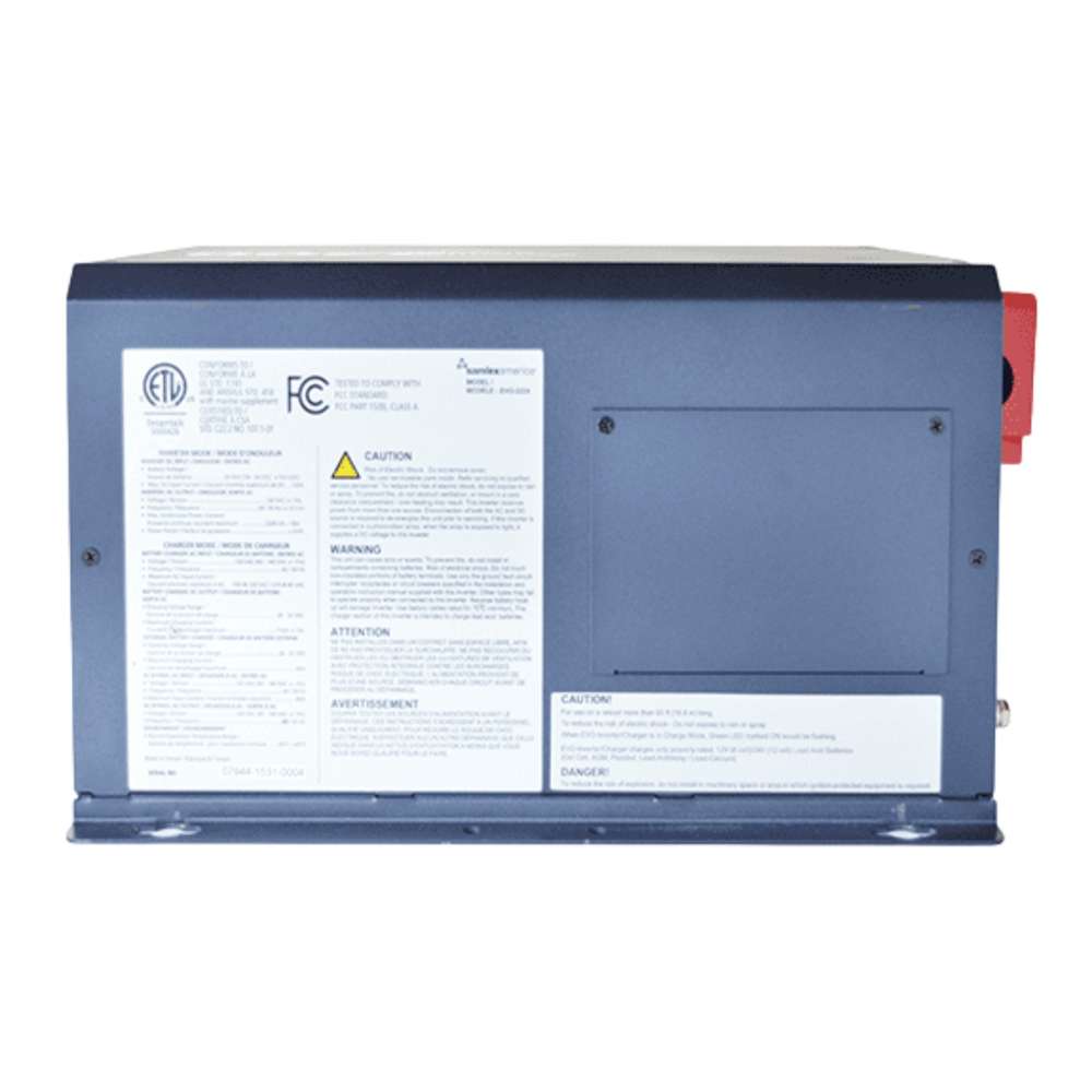Opposite side panel of the Samlex America Evolution Series EVO-2224 2200 Watts 24VDC Pure Sine Inverter/Charger with safety labels and an access panel