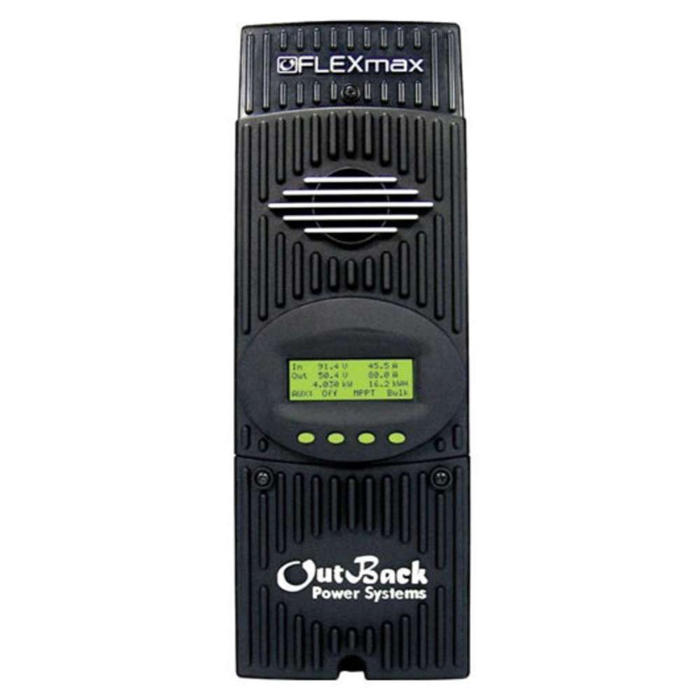 Outback Power FLEXmax 80 FM80-150VDC MPPT Solar Charge Controller shown as a close-up of a single black unit with a small display and buttons