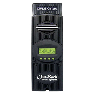 Outback Power FLEXmax 80 FM80-150VDC MPPT Solar Charge Controller shown as a close-up of a single black unit with a small display and buttons