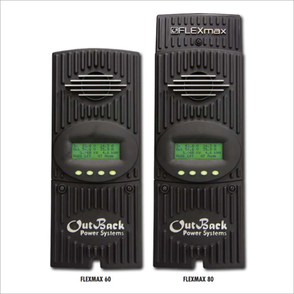 Outback Power FLEXmax 80 FM80-150VDC MPPT Solar Charge Controller shown next to the FLEXmax 60, both tall black charge controllers with display screens