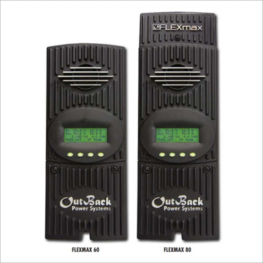 Outback Power FLEXmax 80 FM80-150VDC MPPT Solar Charge Controller shown next to the FLEXmax 60, both tall black charge controllers with display screens