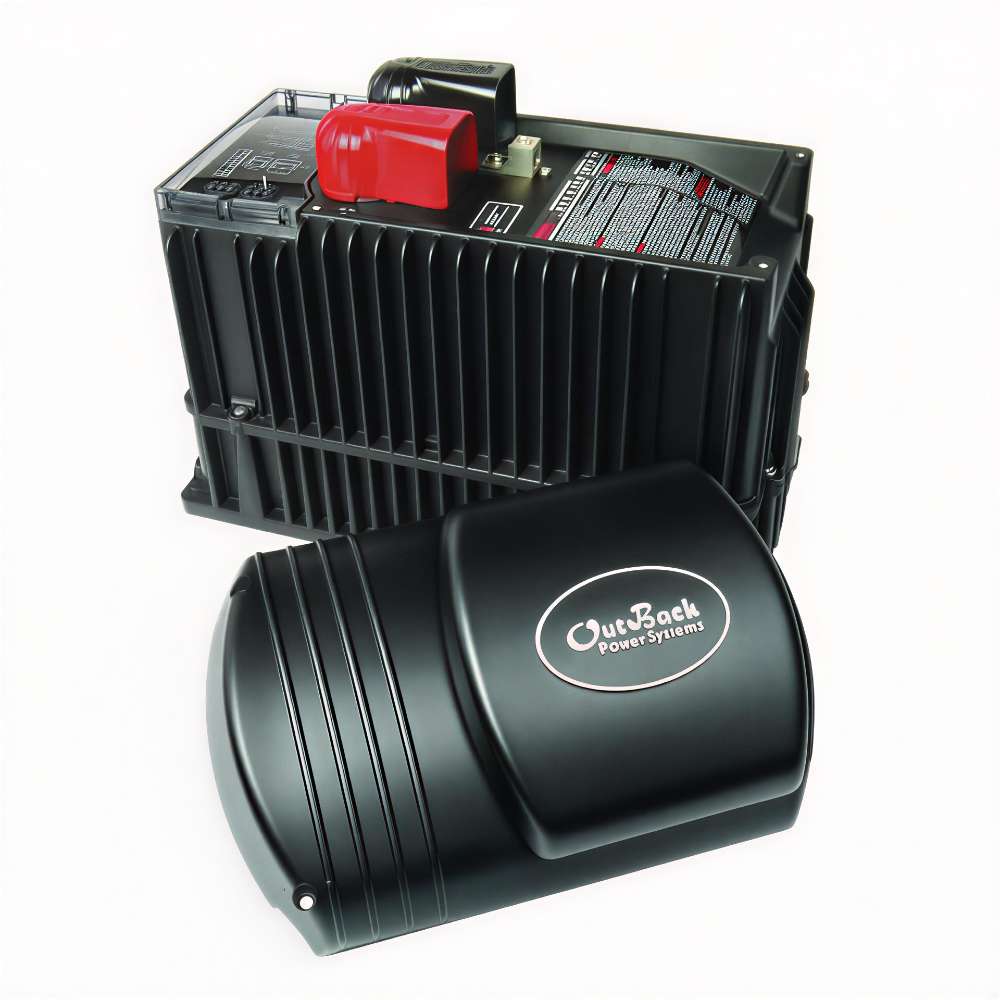 Outback Power FX Mobile/Sealed Series FX2024EMT 2000W 24VDC Inverter/Charger shown as a rugged black unit with cooling fins and a rounded cover