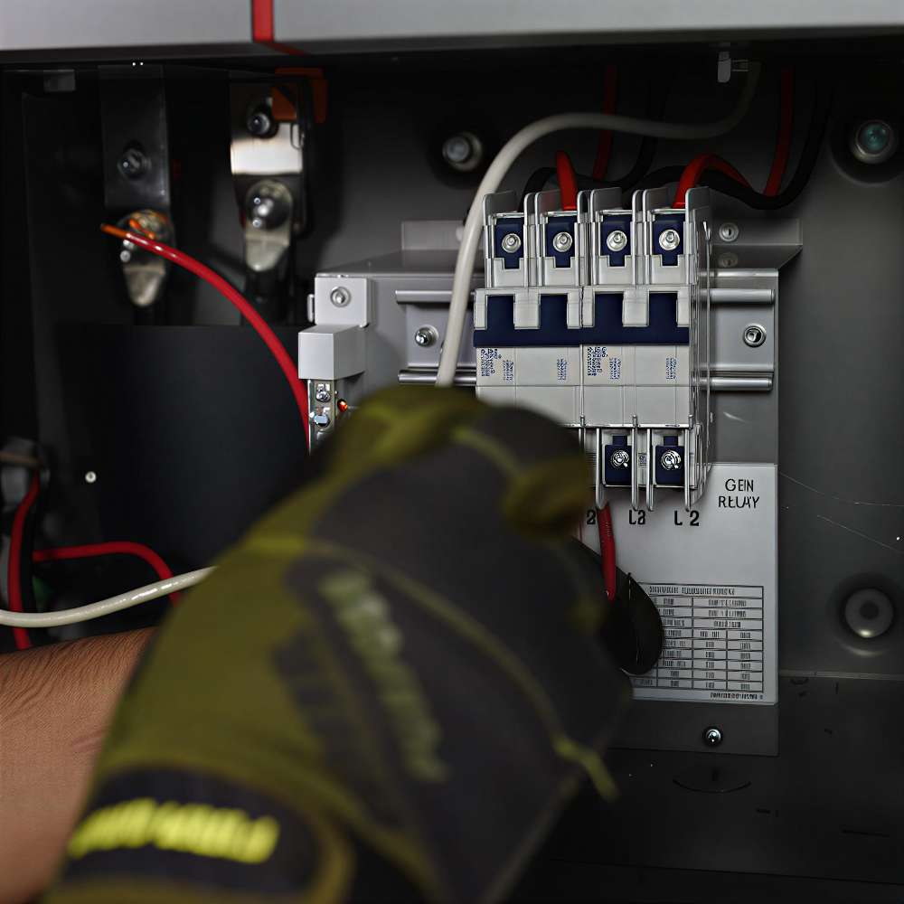 Outback Power FXR Sealed E Series FXR2012E 2000W 12VDC Inverter/Charger shown with a technician tightening wiring inside an electrical panel