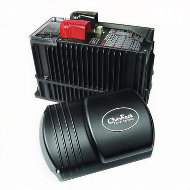 Outback Power FXR Sealed E Series FXR2348E 2300W 48VDC Inverter/Charger shown as a rugged black unit with fins and a red connector for heavy-duty power use