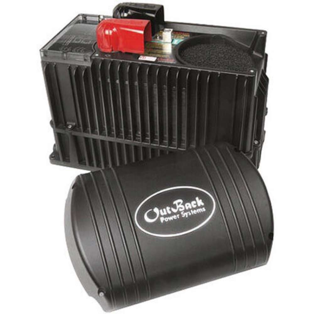 Outback Power FXR Vented Series VFXR2612E 2600W 12VDC Inverter/Charger shown as a black ribbed inverter with a rounded cover for easy identification