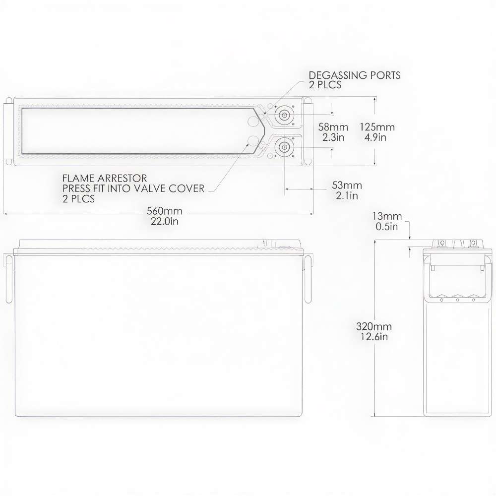 Outback Power NorthStar NSB190FT BLUE+ 202Ah VRLA-AGM Pure Lead Carbon Battery is shown as a simple technical line drawing displaying its dimensions and port locations