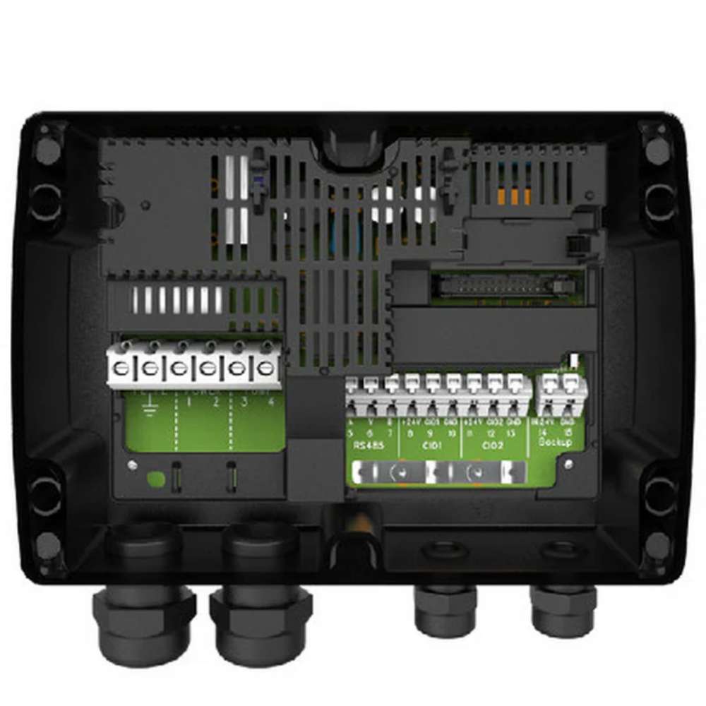 Overhead view shows the inside of the Grundfos CU202 SQFlex Pump Controller w/ Level Switch with exposed circuit boards, wiring terminals, and cable entry ports