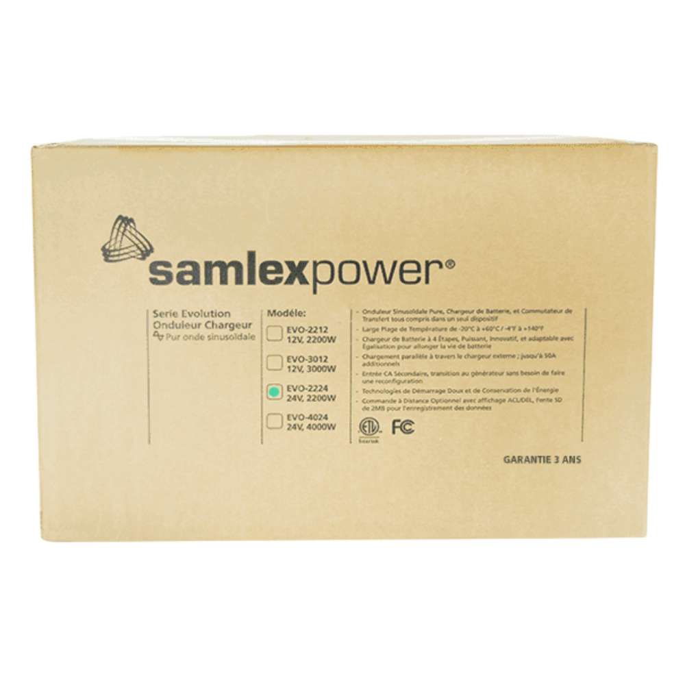 Packaging box of the Samlex America Evolution Series EVO-2224 2200 Watts 24VDC Pure Sine Inverter/Charger showing model and certification information