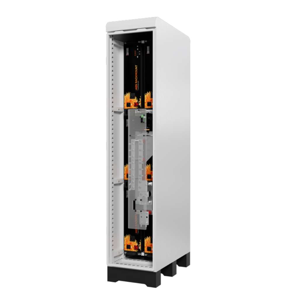 Partially open white cabinet reveals stacked black battery units inside the Discover Energy AES Rackmount ESS 30kWh Slimline Enclosure-950-0053