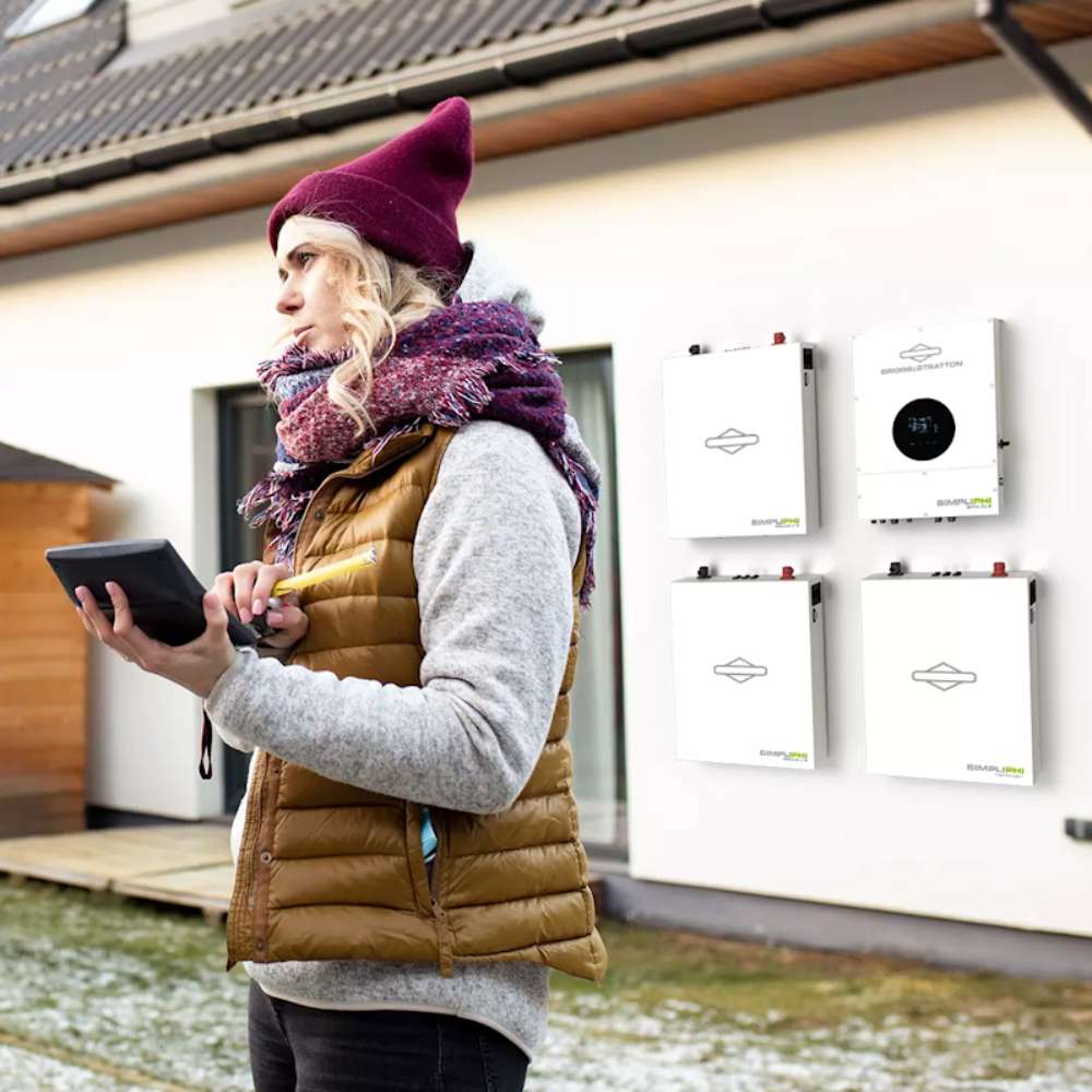 Person uses a tablet outdoors near energy units connected to the Simpliphi by Briggs & Stratton ET-GWY-10 EnergyTrak Battery Monitoring Device