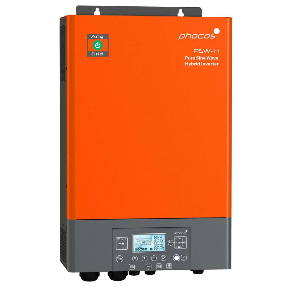 Phocos PSW-H-3KW-120/24V 3000 Watt 120VAC Any-Grid Hybrid Inverter/Charger is shown as a single orange inverter with a front digital control panel
