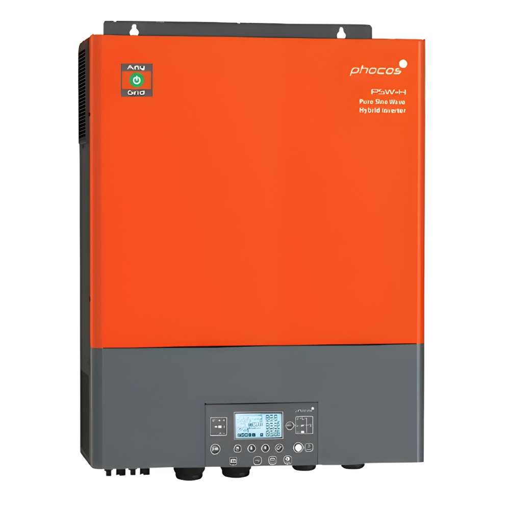Phocos PSW-H-6.5KW-120/48V 6500 Watt 120VAC Any-Grid Hybrid Inverter/Charger is shown as a wall-mounted orange-and-gray inverter with a front display