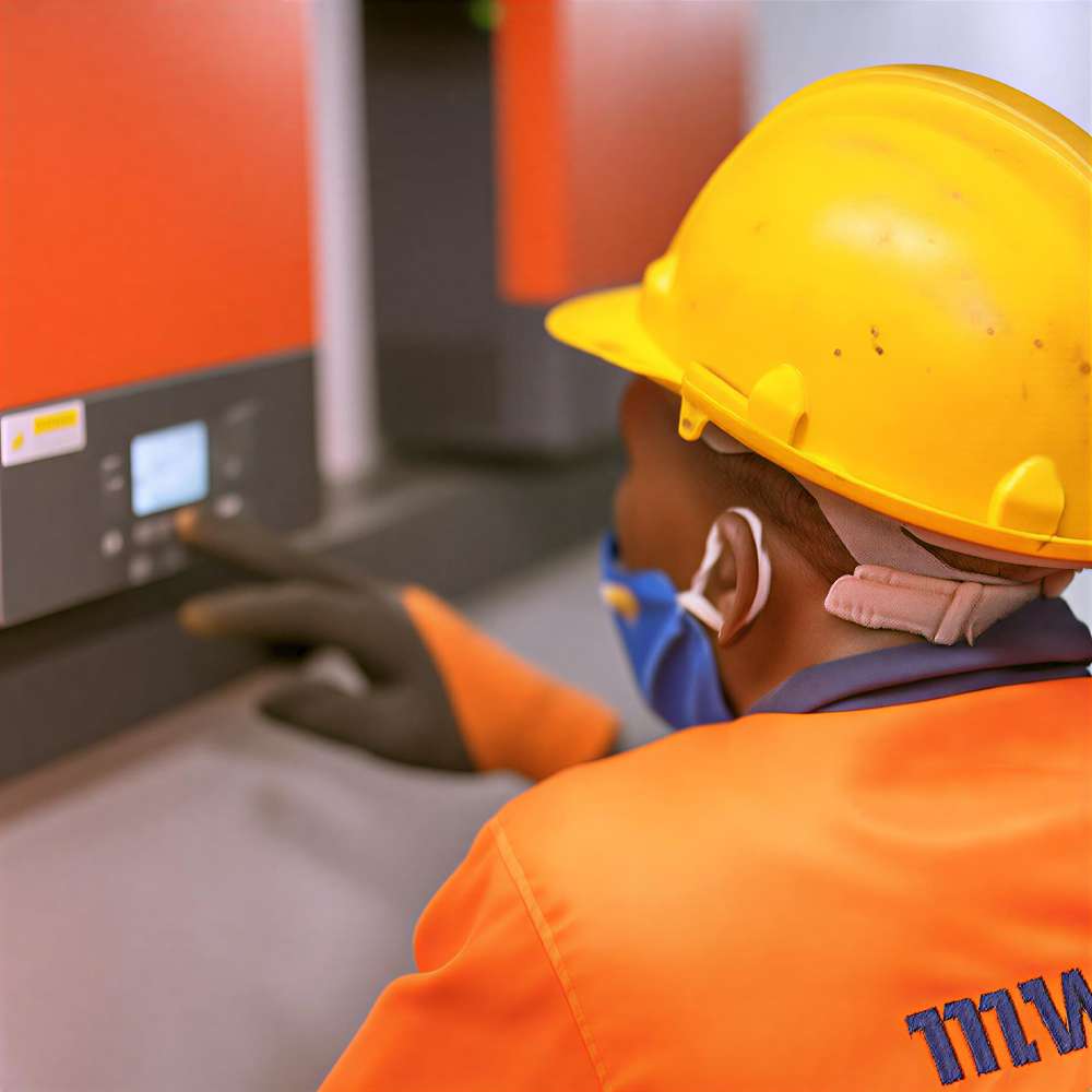 Phocos PSW-H-6.5KW-120/48V 6500 Watt 120VAC Any-Grid Hybrid Inverter/Charger is shown installed while a worker inspects the system