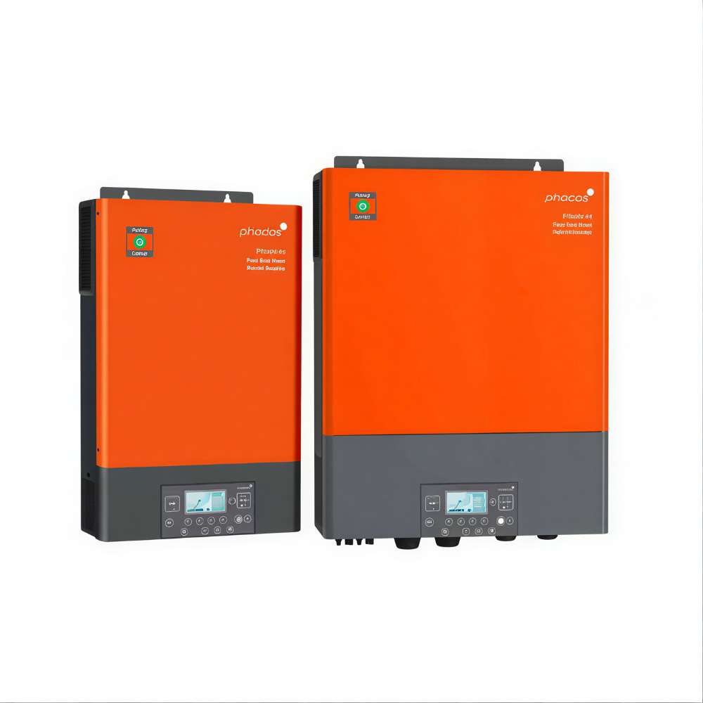 Phocos PSW-H-6.5KW-120/48V 6500 Watt 120VAC Any-Grid Hybrid Inverter/Charger is shown next to a smaller inverter model