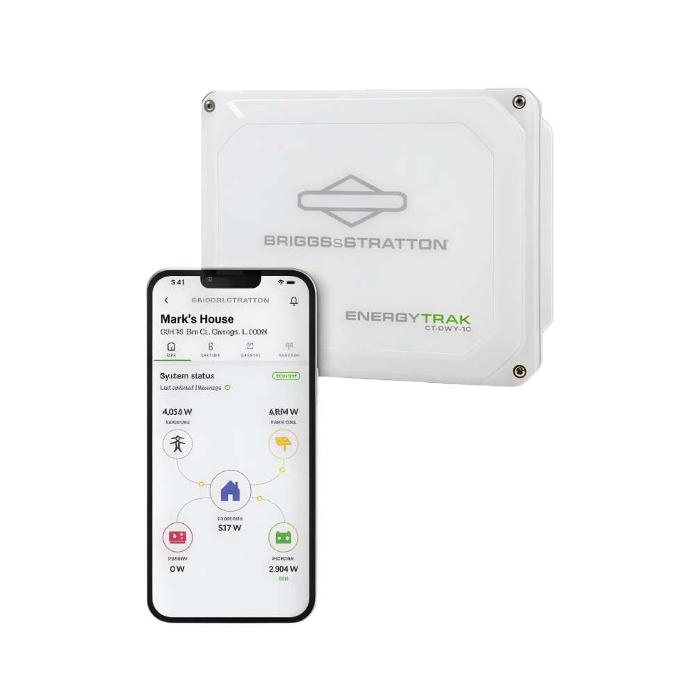 Phone and EnergyTrak unit appear side by side, showing the Simpliphi by Briggs & Stratton ET-GWY-10 EnergyTrak Battery Monitoring Device system